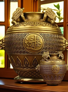 黄铜金蟾纳四方财铜聚宝盆摆件开业礼品铜蟾蜍存钱罐客厅家居摆设