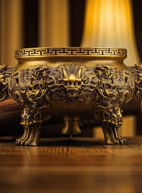 黄铜九龙香炉摆件大号客厅家用中式佛堂室内三足香炉熏炉o