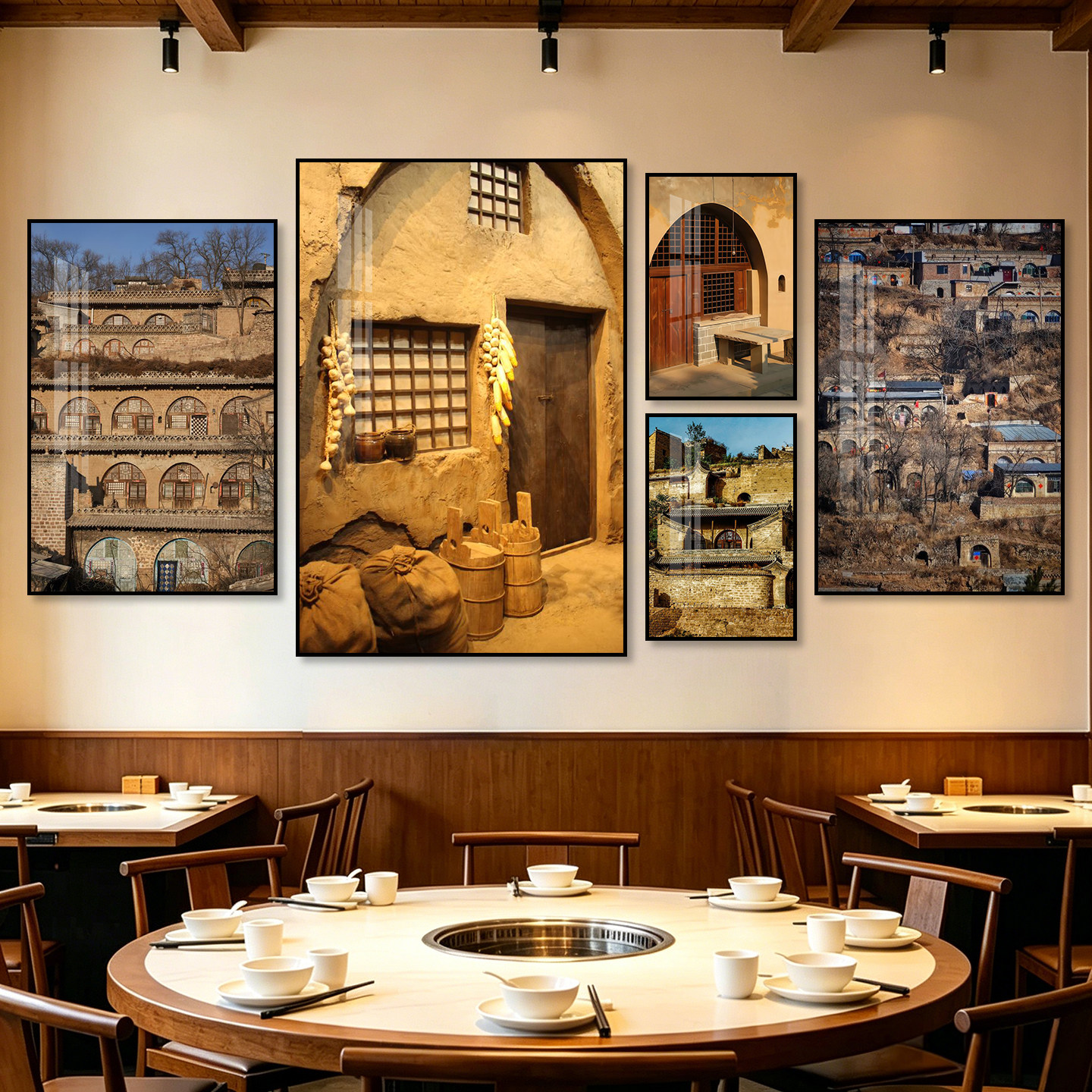 黄土高原陕北风景装饰画西北建筑窑洞怀旧火锅店餐厅挂画照片壁画