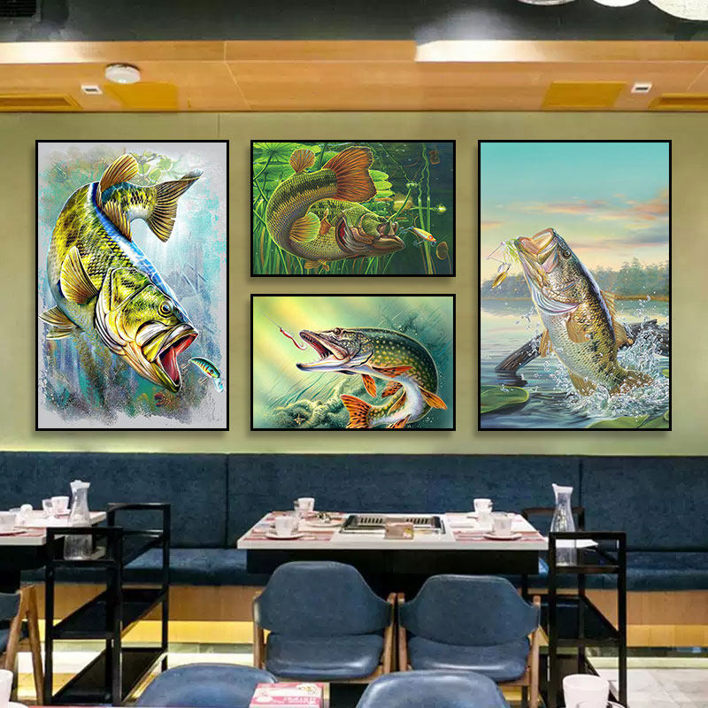 路亚钓鱼挂画美式复古风海钓馆刺身鱼生店墙面装饰画海鲜餐厅壁画