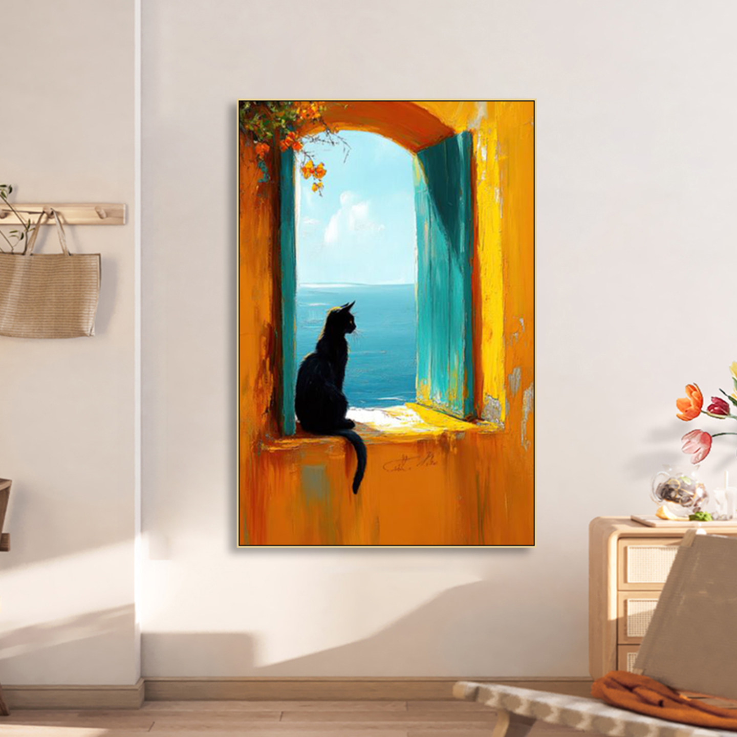 大海延伸感壁画油画风猫咪看风景挂画地中海爱琴海守望等待装饰画