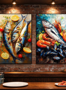 海鲜美食装饰画海鲜餐厅挂画生鲜店大排档餐馆饭店鱼虾贝类壁画