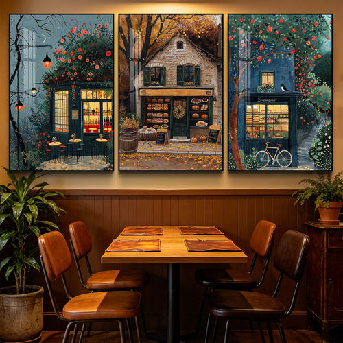 烘焙面包甜品店壁画风餐厅咖啡馆挂画复古欧式建筑街景装饰画