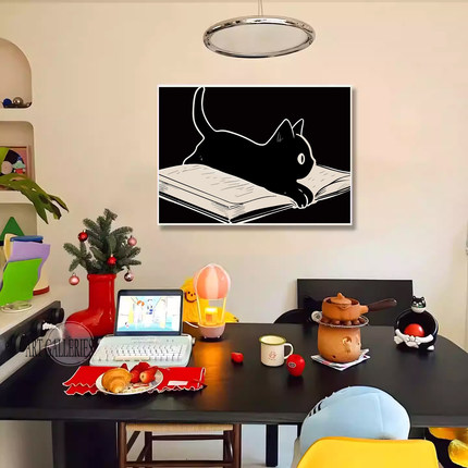 黑白猫咪装饰画可爱卡通儿童房卧室书桌挂画客厅餐厅治愈萌宠壁画