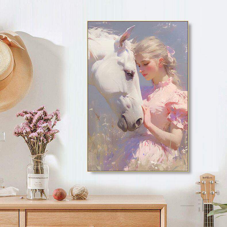 油画风白马少女装饰画浪漫法式挂画客厅走廊餐厅梦幻公主房壁画