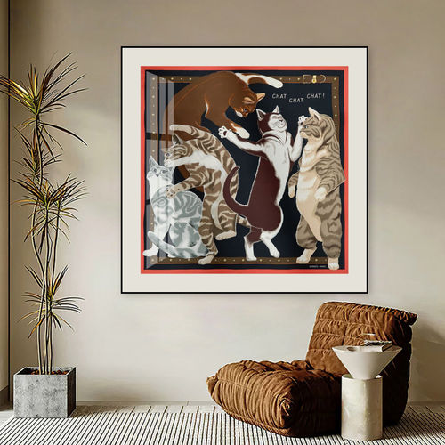复古小猫挂画趣味跳舞猫咪丝巾装裱画中古风客厅餐厅背景墙壁画