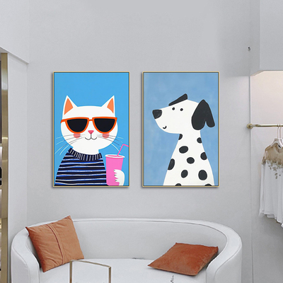 北欧卡通动物装饰画温馨儿童房卧室床头挂画小孩房间猫咪恐龙壁画