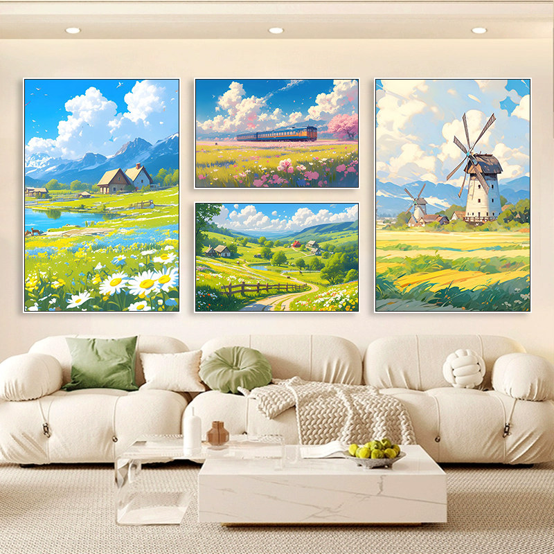 宫崎骏动漫装饰画唯美治愈客厅卧室大芬油画挂画民宿风景田园壁画