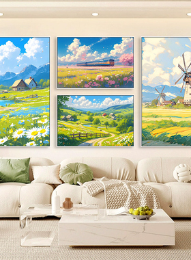 宫崎骏动漫装饰画唯美治愈客厅卧室大芬油画挂画民宿风景田园壁画