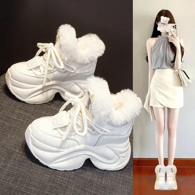 内增高雪地靴棉鞋女款2024新款冬季加绒加厚底小白鞋子运动老爹鞋