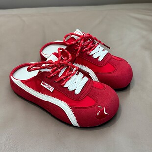 一脚蹬勃肯鞋 外穿超火红色包头德训鞋 43大码 半拖鞋 女鞋 女夏季