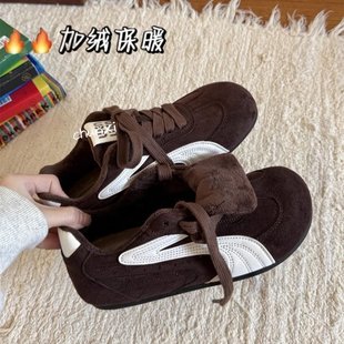 小众ins复古棕色德训鞋女2025冬季加绒保暖阿甘鞋休闲百搭运动鞋