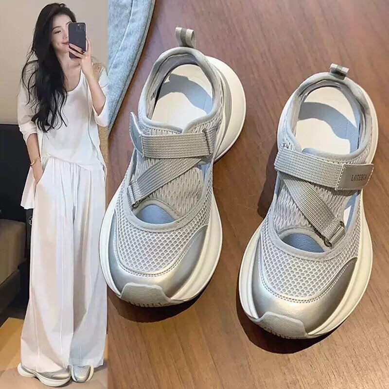 镂空透气厚底老爹鞋女2026春季新款魔术贴洞洞鞋休闲百搭运动凉鞋