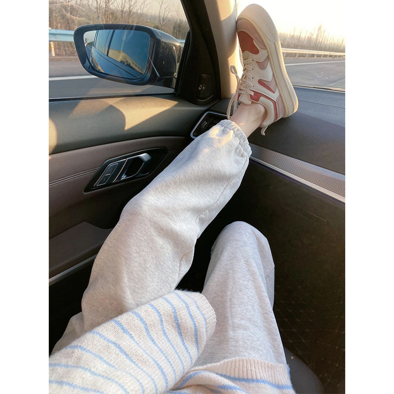 2024秋冬新款爆款高腰阔腿裤子女潮ins高街小个子浅灰色加绒卫裤,女装/女士精品,卫裤,淘宝优惠券,粉丝福利购,淘宝优惠卷