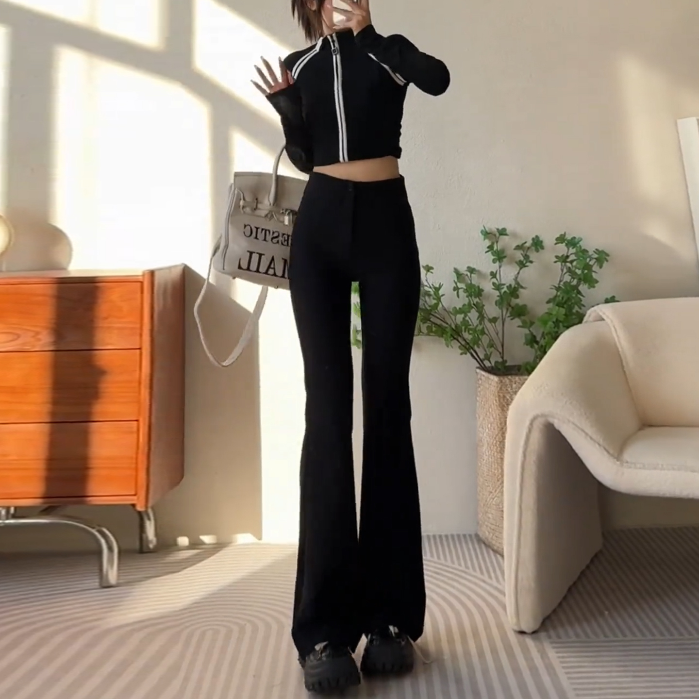 显瘦弹力修身小个子马蹄喇叭裤