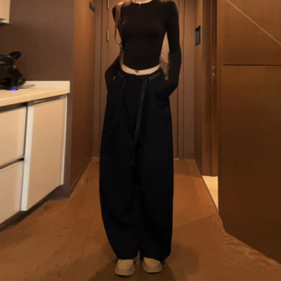 高腰宽松休闲阔腿裤 女2025秋冬新韩版 复古毛呢弯刀休闲裤 黑色美式