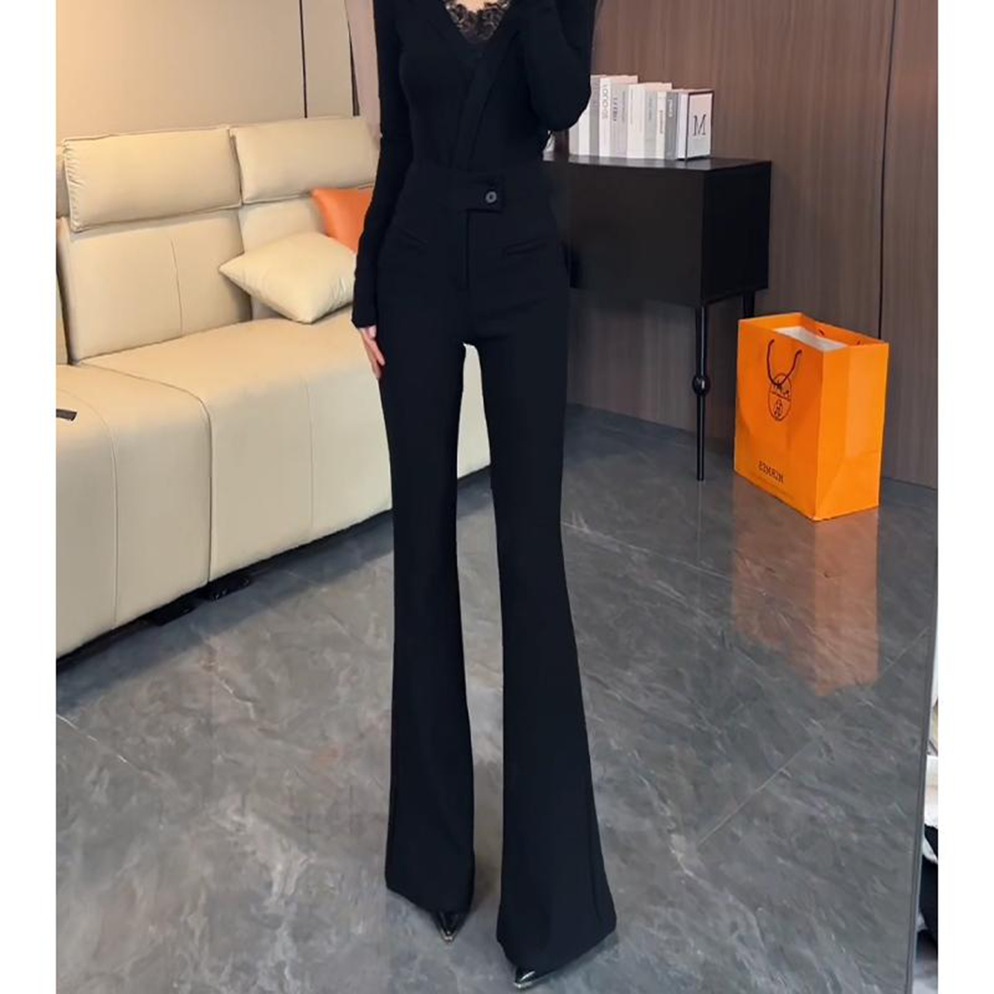 黑色高腰微喇显瘦西装裤女