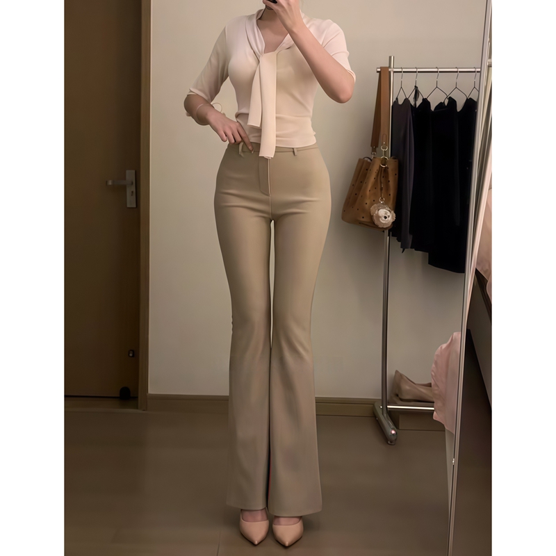 卡其色微喇西装裤女喇叭裤子