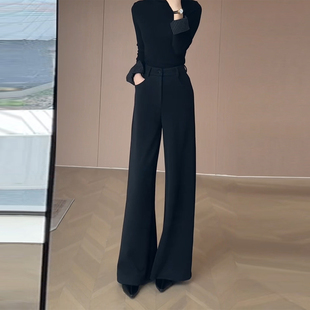 宽松显瘦简约高级感极简风直筒裤 2025女秋冬季 裤 黑色高腰阔腿西装