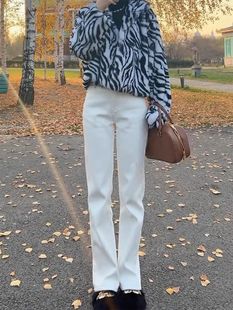 高腰宽松垂感显瘦拖地裤 女秋冬加绒2024新款 子 直筒牛仔裤 白色窄版