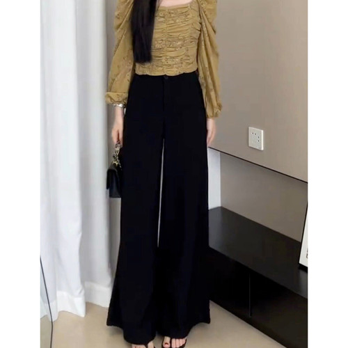 黑色高腰垂感一粒扣阔腿西装裤女