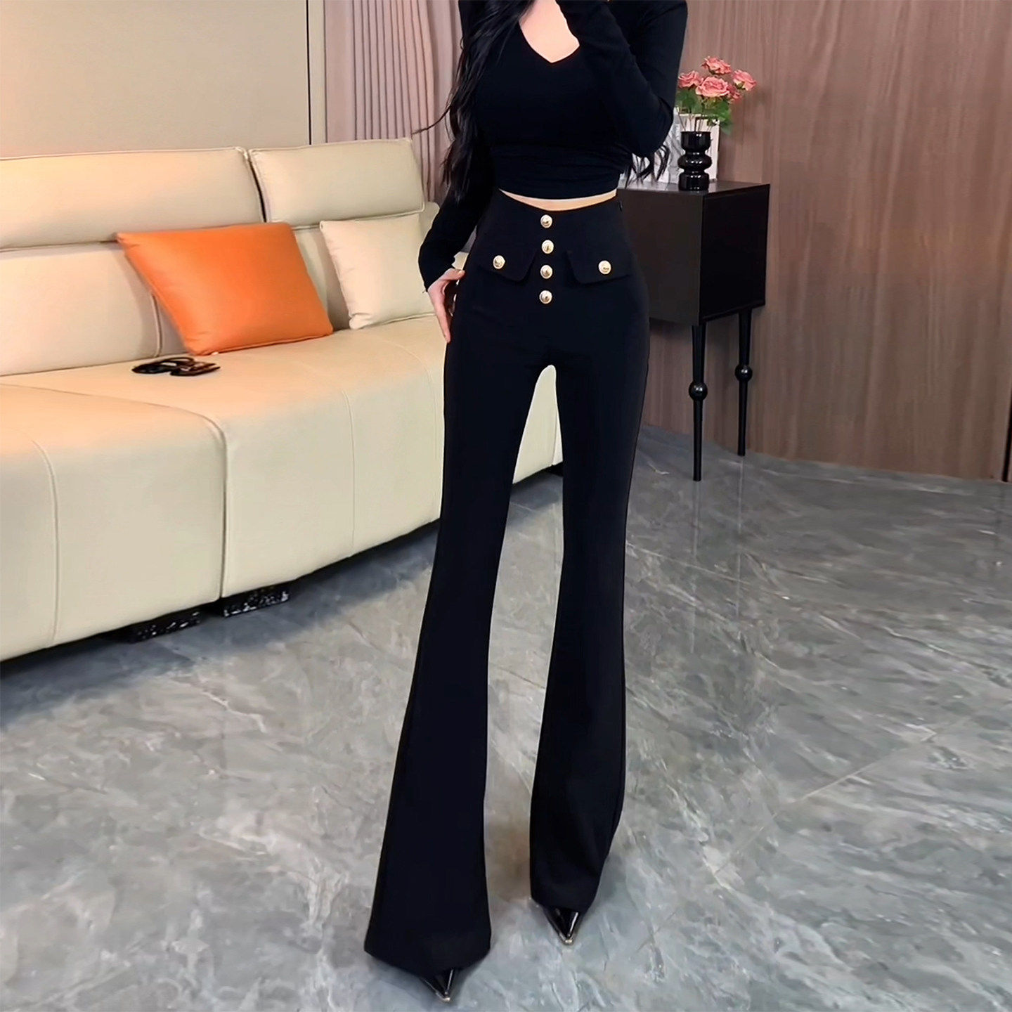 黑色金属排扣微喇西装裤女2025冬季新款高个子修身显瘦弹力马蹄裤,女装/女士精品,大码裤装,淘宝优惠券,粉丝福利购,淘宝优惠卷