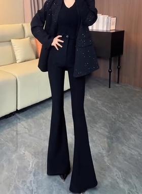 黑色微喇西装裤女2025年秋冬新款高腰弹力修身显瘦垂感马蹄拖地裤