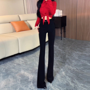 高腰弹力显瘦垂感拖地马蹄裤 黑色休闲微喇叭西装 新款 女2025秋季 裤