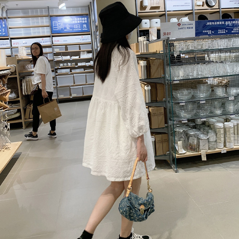 复古白色小个子甜美风长袖连衣裙