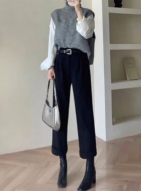 高级感穿搭毛呢西装裤女2025秋冬新款小个子高腰直筒九分烟管裤子