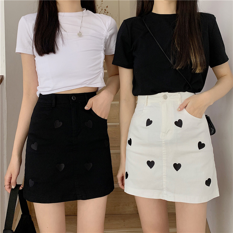 Real price Korean high waist slim loose versatile retro love embroidery skirt