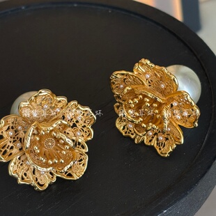 欧美设计感个性夸张金色立体镂空富贵花朵珍珠耳环气质优雅耳钉女
