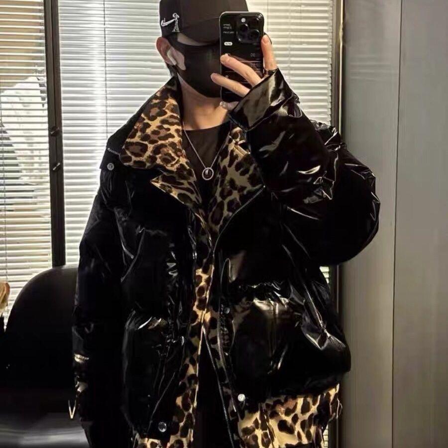 浪潮男士冬季豹纹拼接假两件亮面棉衣个性机车加厚亮面棉服外套