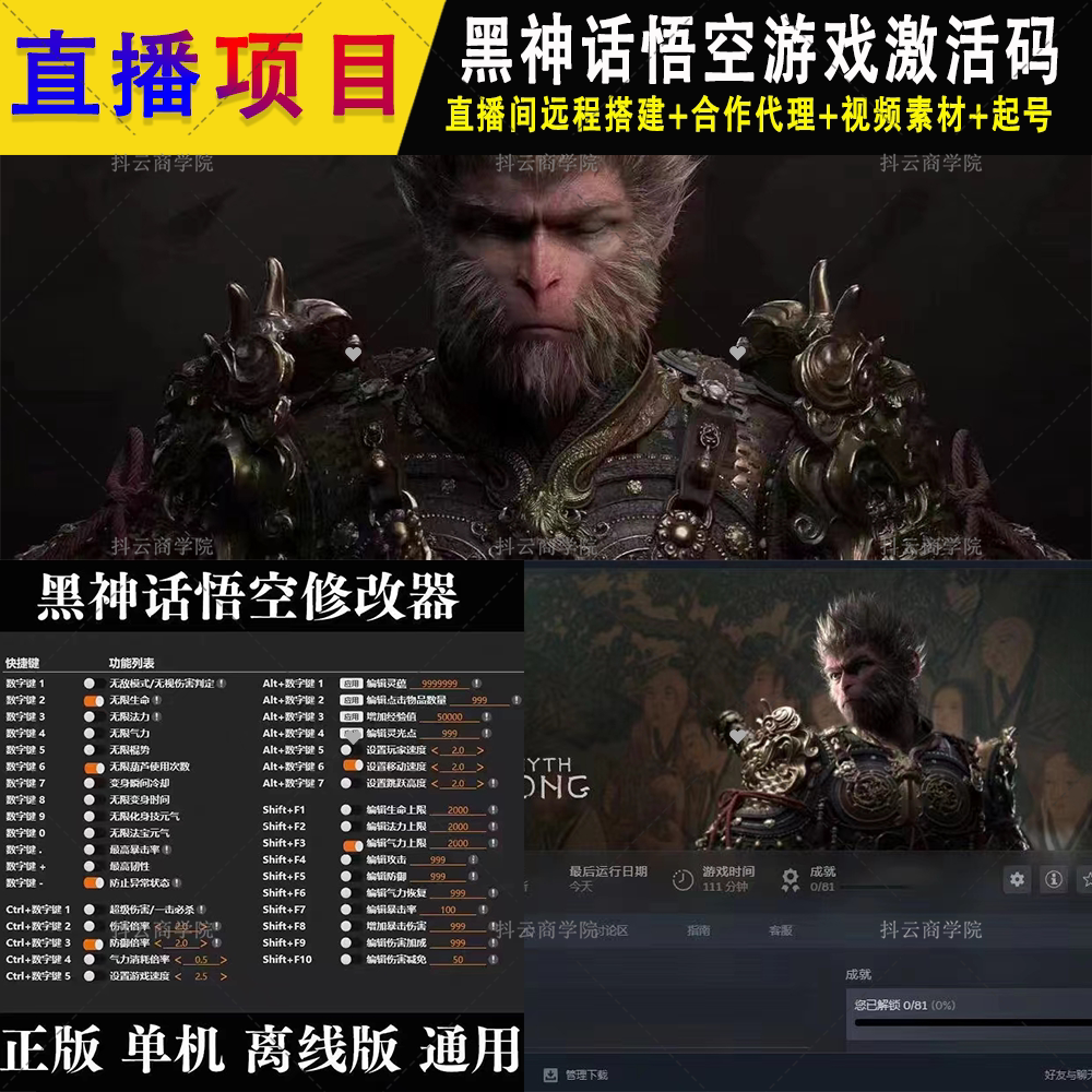 抖音 半无人直播项目黑神话悟空修改器非激活码游戏整蛊软件 搭建