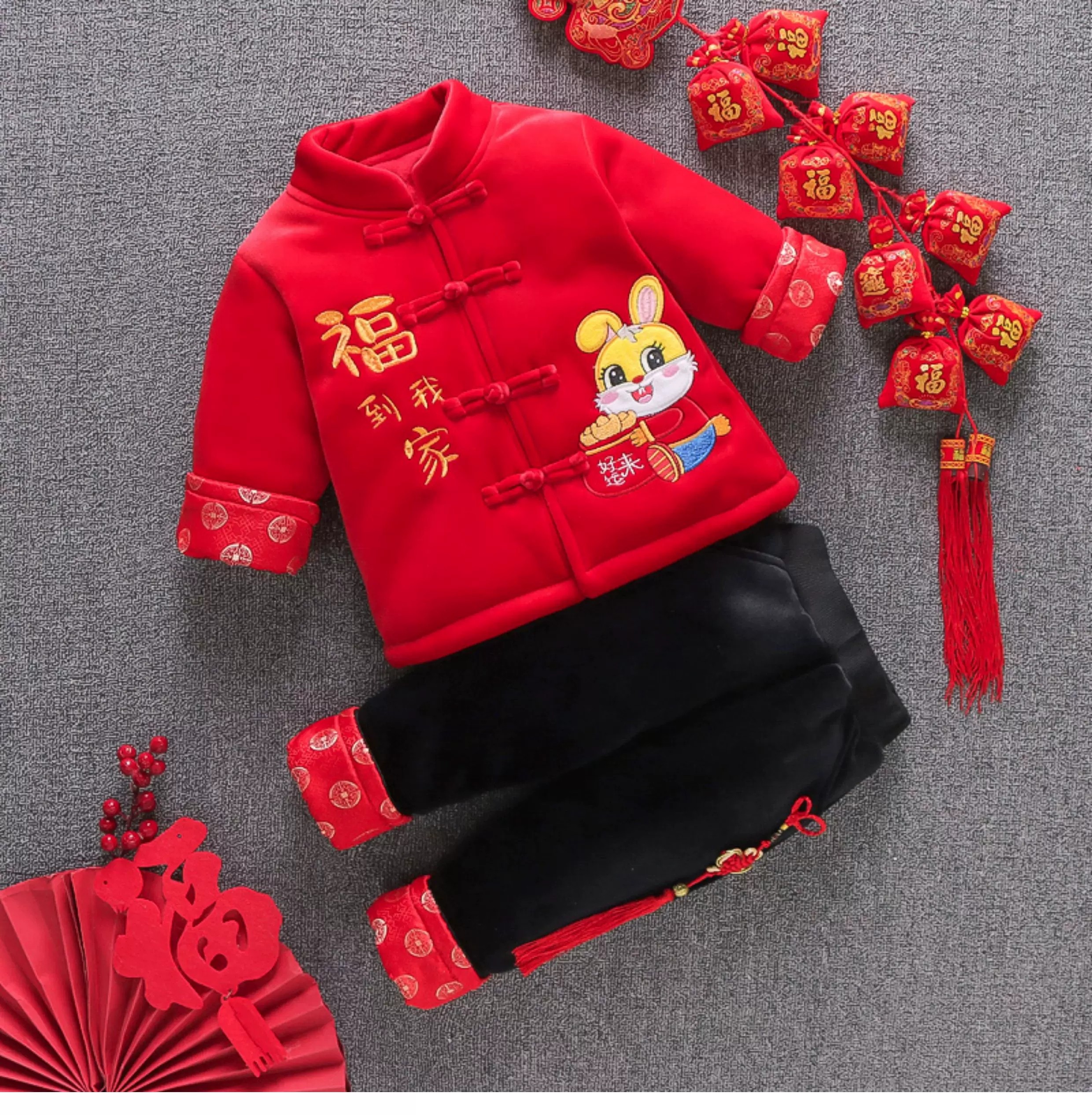 小童男女婴幼儿加绒加厚冬套装0-1-2-3岁古装宝宝过年喜庆拜年服