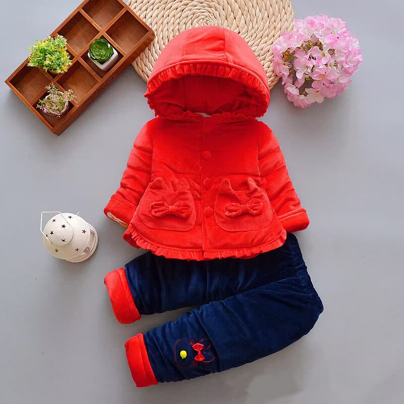 包邮0-1-2岁周岁女宝宝婴幼儿冬加绒加厚套装冬棉袄可爱外出衣服