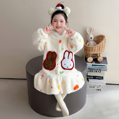 儿童睡衣女童珊瑚绒睡袍连帽卡通兔子保暖家居服可外穿浴袍居家服