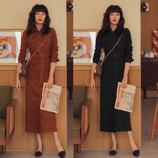 复古灯芯绒连衣裙秋冬中长款系带收腰显瘦气质衬衫长裙时尚大码