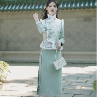 新中式温柔甜美气质复古民国风绿色毛呢两件套旗袍裙修身连衣裙子