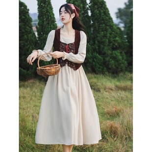 法式新款温柔甜美气质田园复古文艺森系修身连衣裙洛丽塔少女长裙