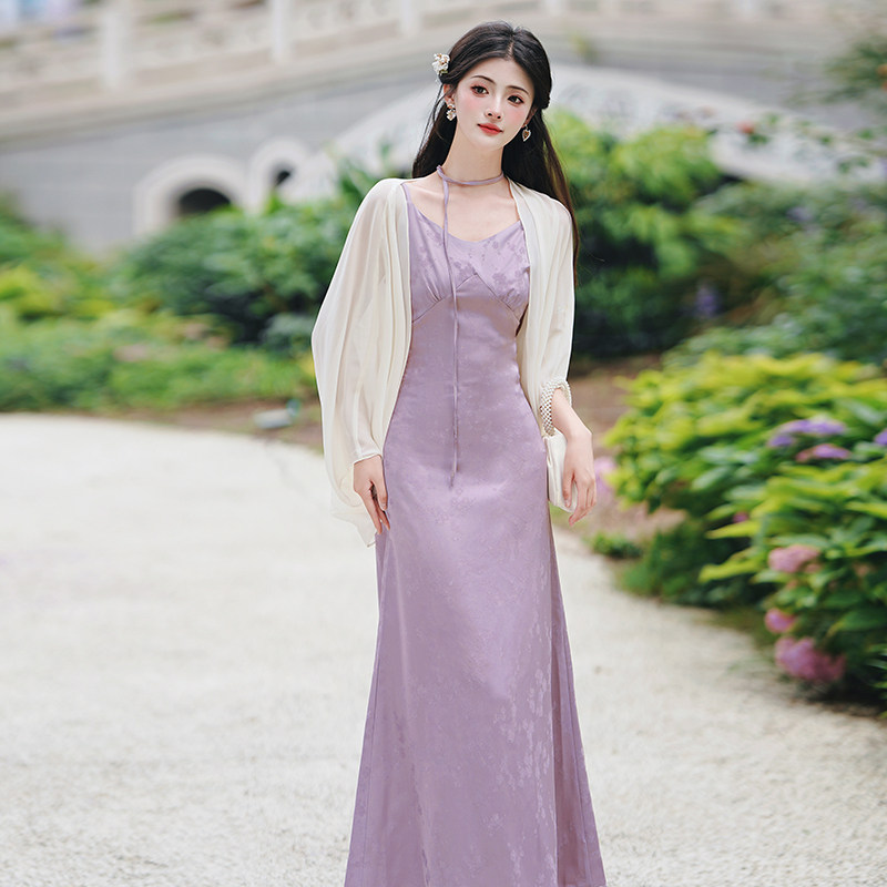 法式温柔甜美气质少女性感吊带连衣裙夏季冰丝薄纱防晒开衫套装裙