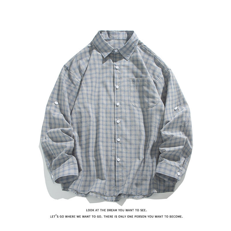 美式复古蓝格子衬衫宽松慵懒长袖衬衣开衫外套薄款C2253-特价42，男装衬衫，电商A007-1