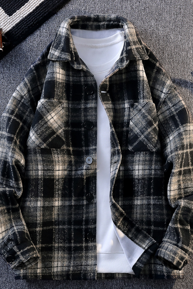 小香风百搭夹克外套拼色复古翻领宽松衬衫男C2166JR（加绒）特P48,男装夹克,电商A007-1