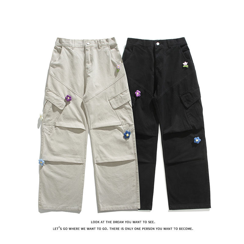 立体解构花朵装饰工装休闲裤男女潮牌宽松直筒长裤K8617-特价P70，男装工装外套，电商A007-1