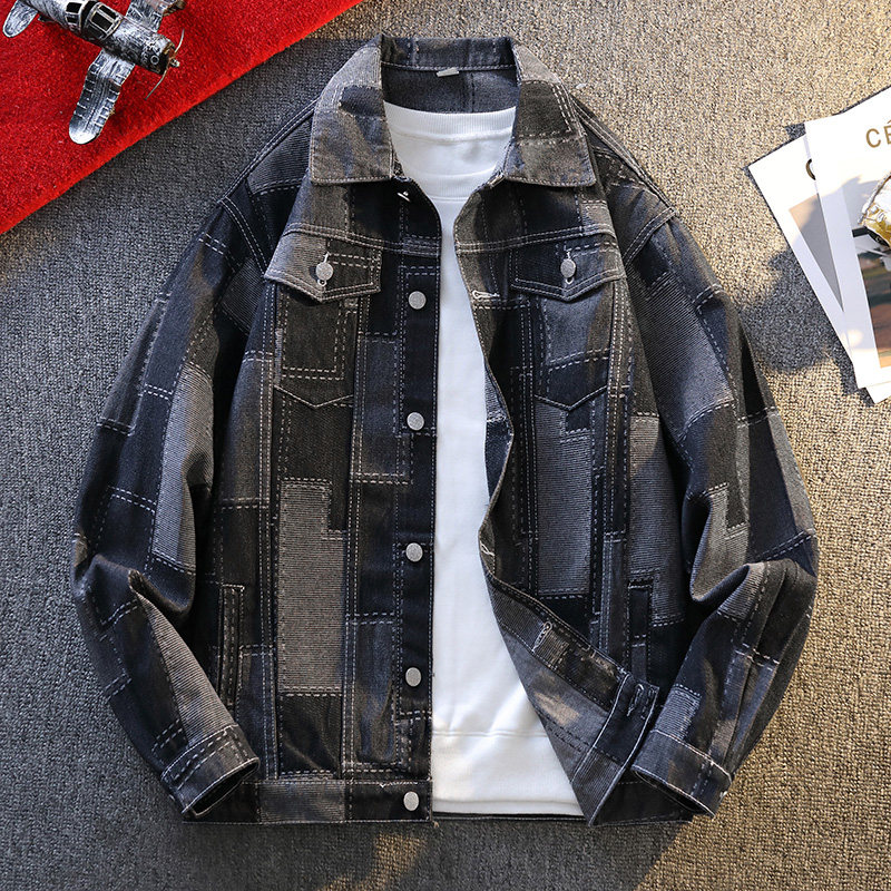 工装风拼接牛仔夹克男翻领宽松百搭外套青年纽扣上衣JA36-特价P58，男装夹克，电商A007-1