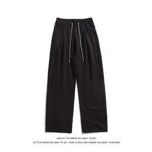 夏季亚麻透气简约纯色抽绳松紧腰宽松阔腿休闲长裤K8626-特价40图片