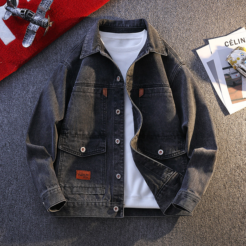 宽松多口袋做旧翻领外套美式复古工装牛仔夹克男JA7008-特价P65，男装夹克，电商A007-1