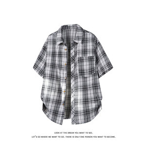 韩版潮流复古格子大码翻领短袖衬衫内搭外套DC2219-P24【特价】图片