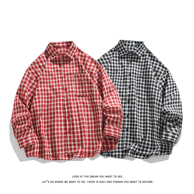 韩版时尚休闲红色格子小众设计感衬衫上衣衬衣C2247-特价P35，男装衬衫，电商A007-1
