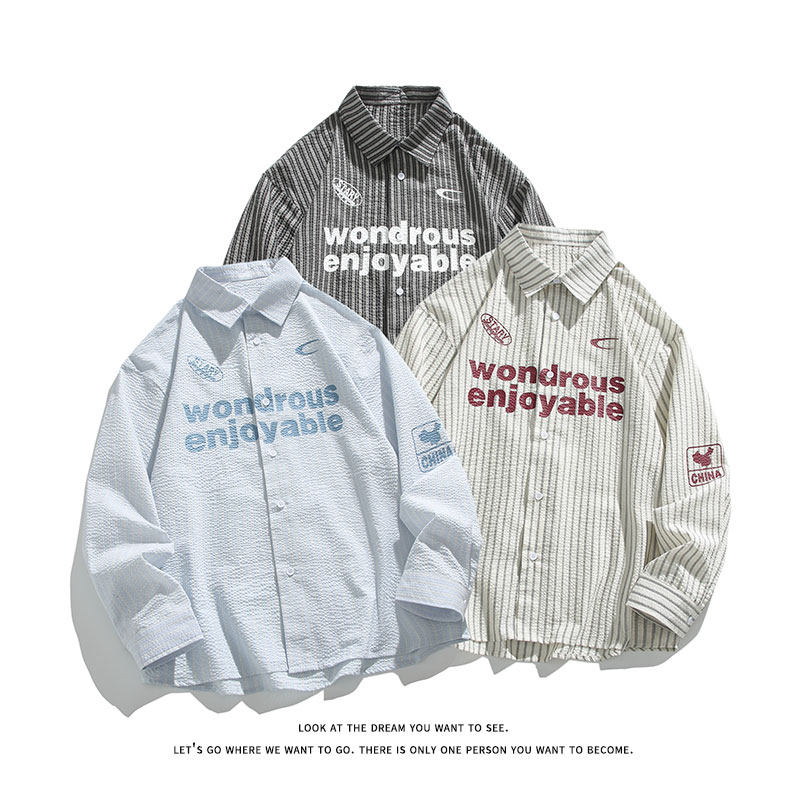 宽松百搭叠穿印花压皱条纹衬衫外套男女C2216-P47【特价】，男装衬衫，电商A007-1